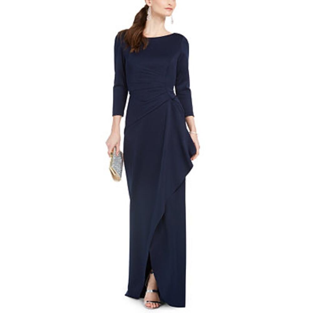 Eliza J Navy Blue Side Ruffle 3/4 Sleeve Tulip Long Formal Gown Size 8
